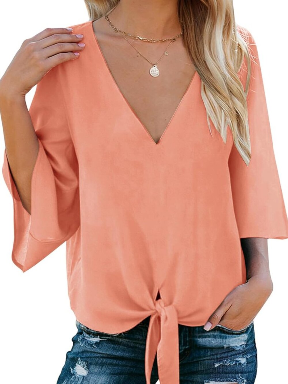 Womens Tie Front Tops Bell Sleeve V Neck Casual Cute Summer Blouse
